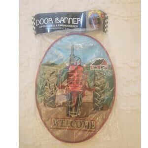 Magnolia Garden Welcome Door Banner Red Tractor Burlap & Embroidered 14 x 19
